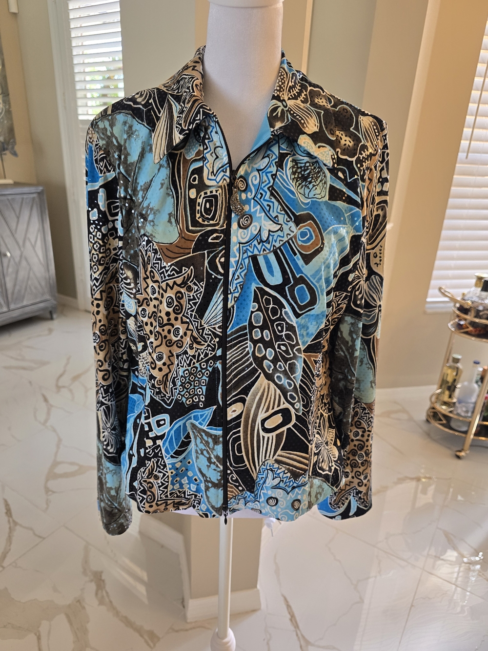 Joseph Ribkoff Blue, Black & Cream Abstract Print Blazer